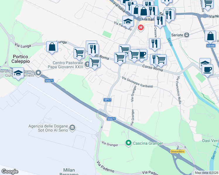 map of restaurants, bars, coffee shops, grocery stores, and more near 35 Via Paderno in Seriate
