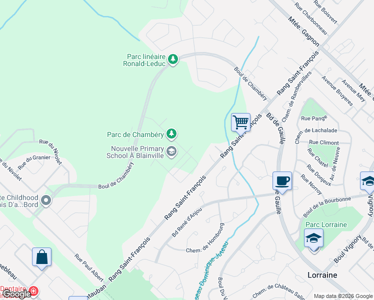 map of restaurants, bars, coffee shops, grocery stores, and more near 104 Rue de Bellevue in Blainville