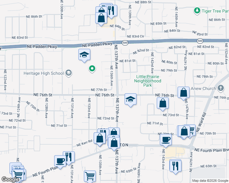 map of restaurants, bars, coffee shops, grocery stores, and more near 7705 Northeast 136th Avenue in Vancouver