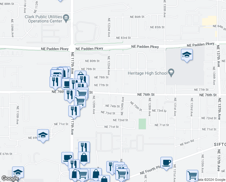 map of restaurants, bars, coffee shops, grocery stores, and more near 7609 Northeast 122nd Avenue in Vancouver