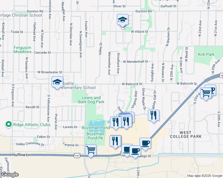 map of restaurants, bars, coffee shops, grocery stores, and more near 108 South Wilda Lane in Bozeman