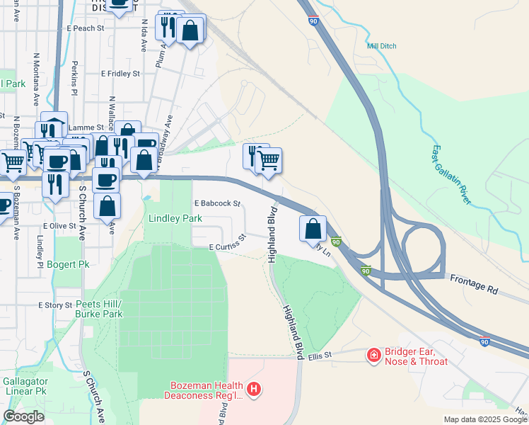 map of restaurants, bars, coffee shops, grocery stores, and more near 109 Highland Blvd in Bozeman
