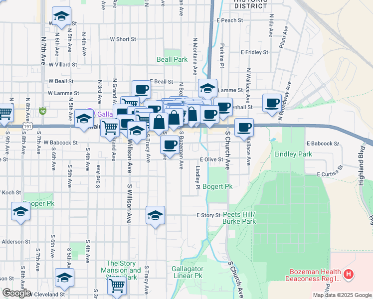 map of restaurants, bars, coffee shops, grocery stores, and more near 132 West Babcock Street in Bozeman
