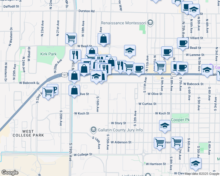 map of restaurants, bars, coffee shops, grocery stores, and more near 132 South 15th Avenue in Bozeman