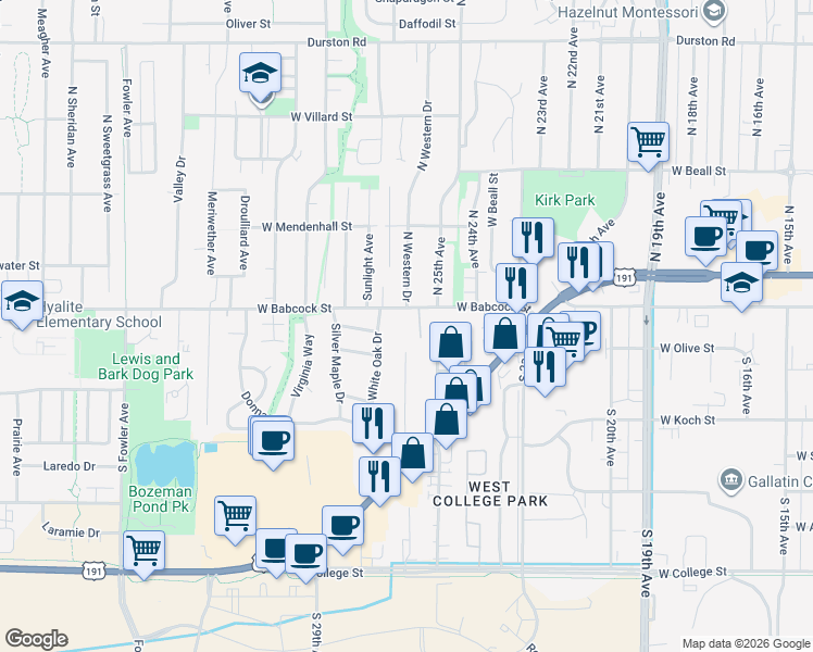map of restaurants, bars, coffee shops, grocery stores, and more near 2530 West Babcock Street in Bozeman