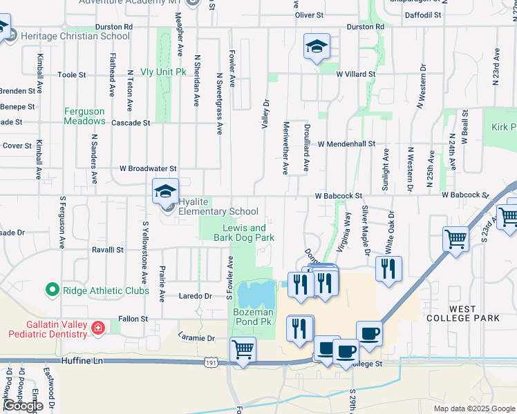 map of restaurants, bars, coffee shops, grocery stores, and more near 104 Pond Row in Bozeman