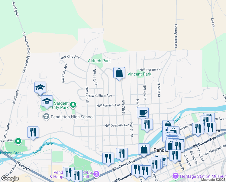 map of restaurants, bars, coffee shops, grocery stores, and more near 612 Northwest 8th Street in Pendleton