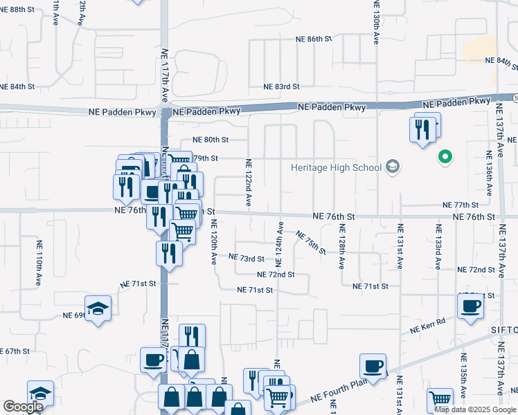 map of restaurants, bars, coffee shops, grocery stores, and more near 7609 Northeast 122nd Avenue in Vancouver