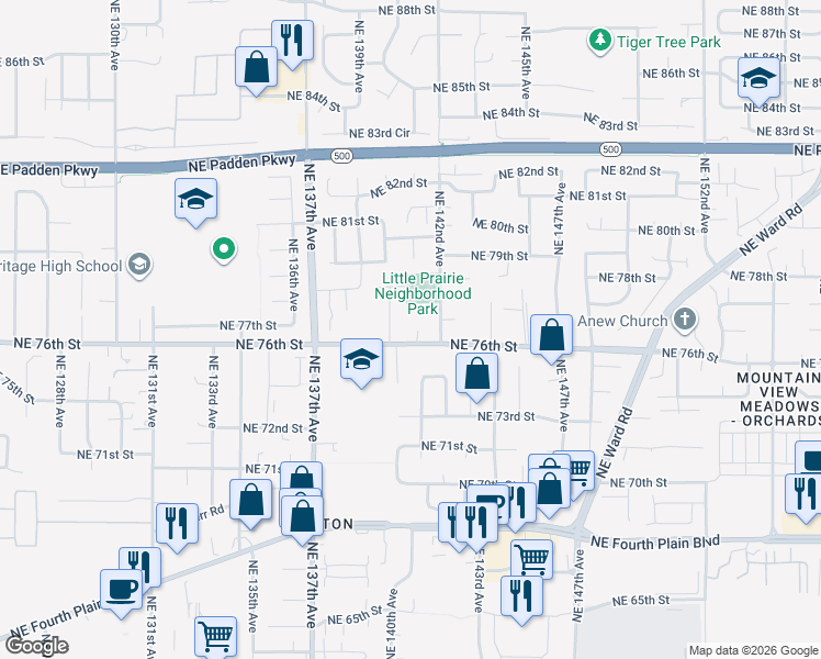 map of restaurants, bars, coffee shops, grocery stores, and more near 7612 Northeast 141st Court in Vancouver
