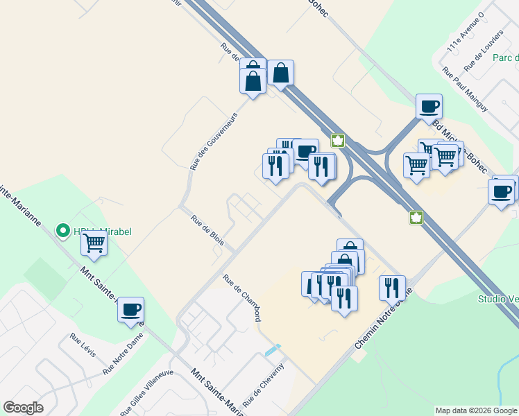 map of restaurants, bars, coffee shops, grocery stores, and more near 11805 Rue d'Amboise in Mirabel