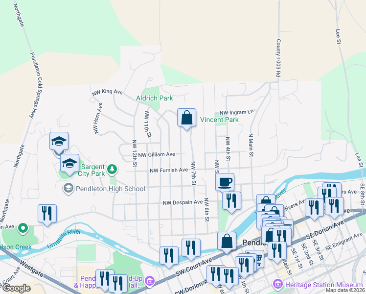 map of restaurants, bars, coffee shops, grocery stores, and more near 612 Northwest 8th Street in Pendleton