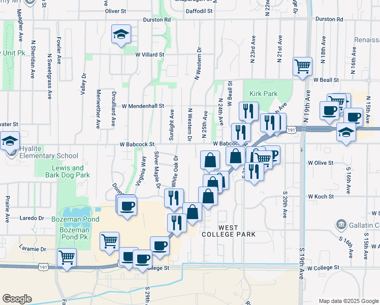 map of restaurants, bars, coffee shops, grocery stores, and more near 2530 West Babcock Street in Bozeman