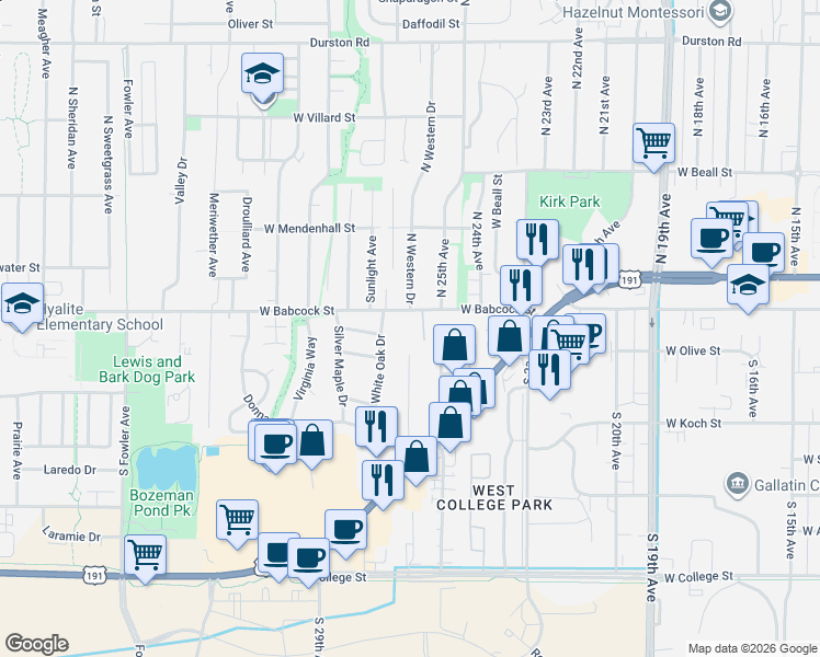 map of restaurants, bars, coffee shops, grocery stores, and more near 2530 West Babcock Street in Bozeman