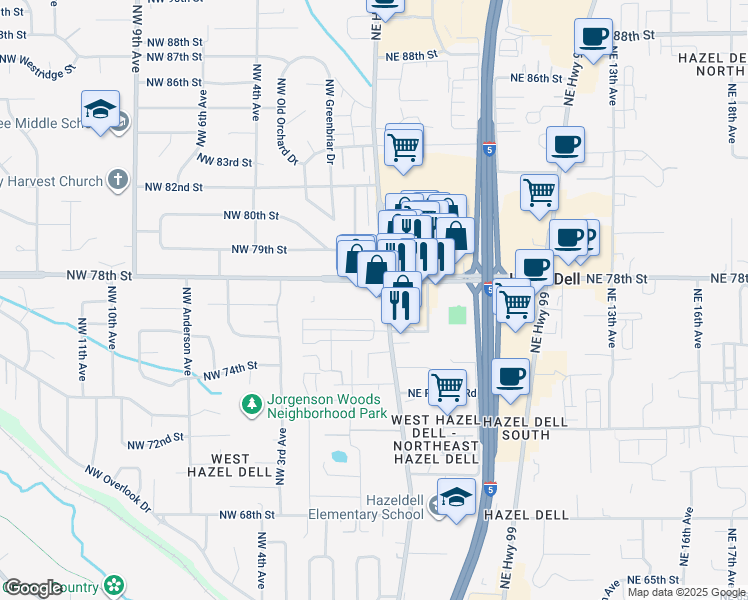 map of restaurants, bars, coffee shops, grocery stores, and more near 7726 Northeast Hazel Dell Avenue in Vancouver