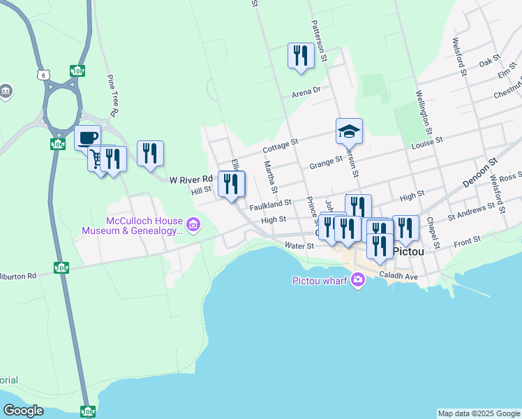 map of restaurants, bars, coffee shops, grocery stores, and more near 337 Faulkland Street in Pictou