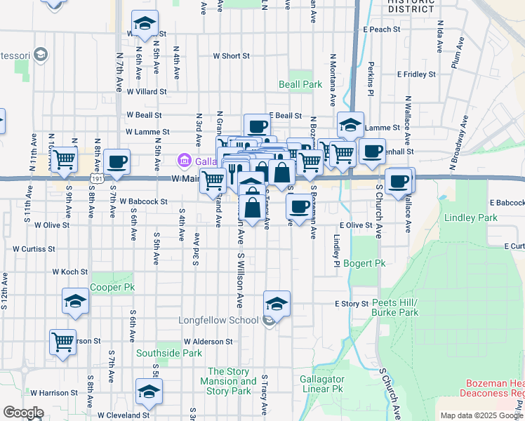 map of restaurants, bars, coffee shops, grocery stores, and more near 6 West Babcock Street in Bozeman