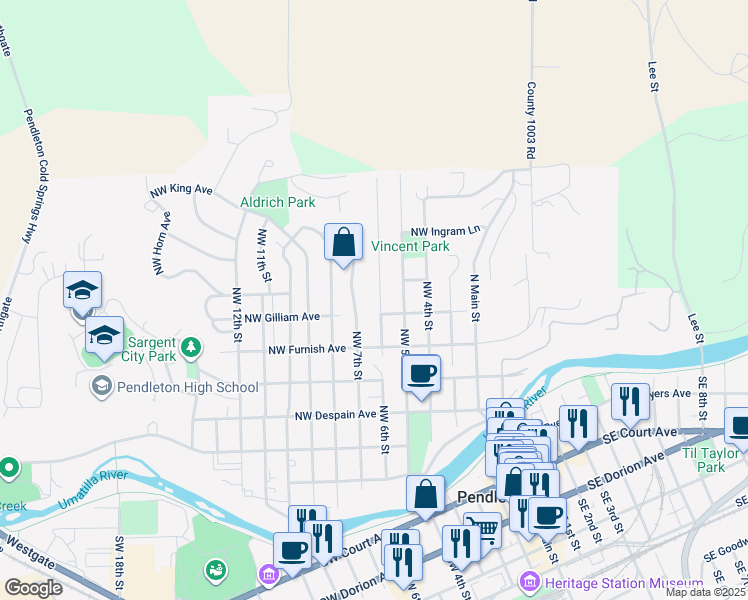 map of restaurants, bars, coffee shops, grocery stores, and more near 609 Northwest 6th Street in Pendleton