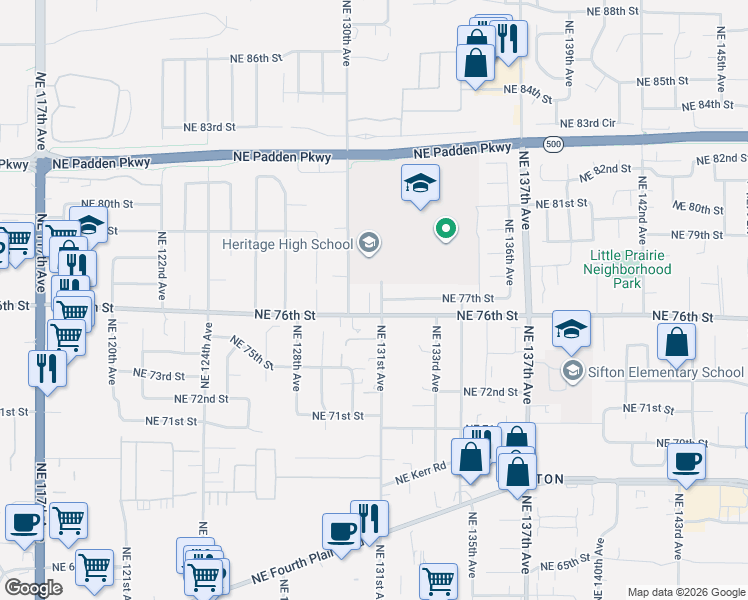 map of restaurants, bars, coffee shops, grocery stores, and more near 13012 Northeast 76th Street in Vancouver