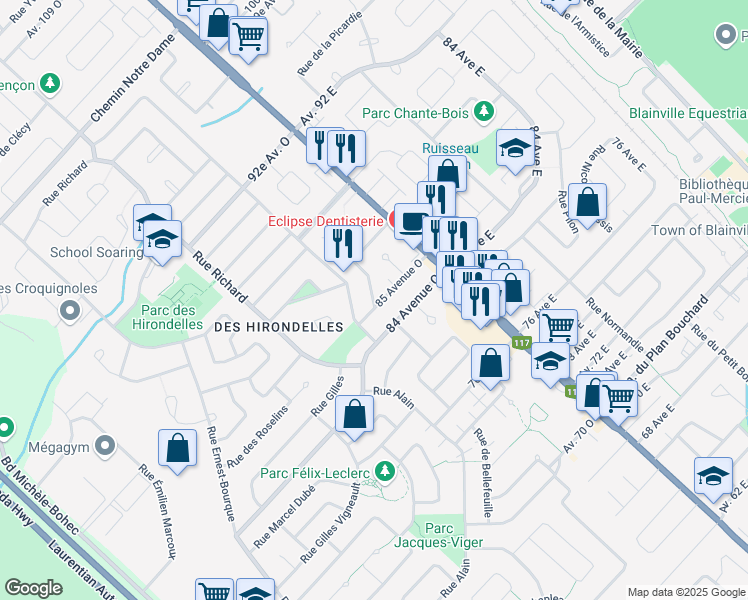 map of restaurants, bars, coffee shops, grocery stores, and more near 6 Rue Arthur Buies in Blainville