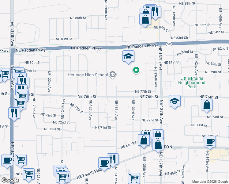 map of restaurants, bars, coffee shops, grocery stores, and more near 13012 Northeast 76th Street in Vancouver