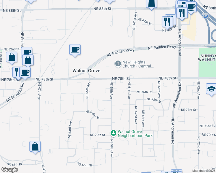 map of restaurants, bars, coffee shops, grocery stores, and more near 5712 Northeast 77th Street in Vancouver