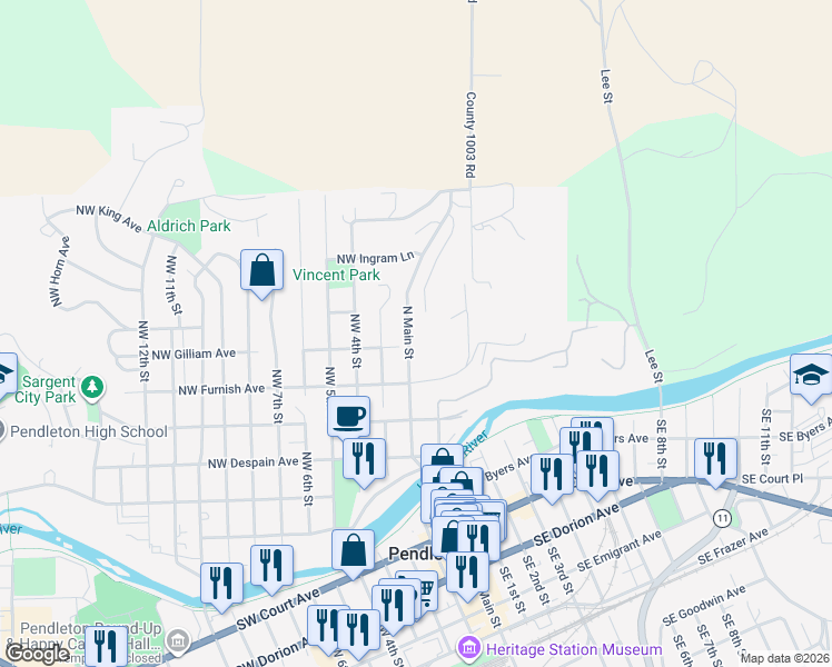 map of restaurants, bars, coffee shops, grocery stores, and more near 611 North Main Street in Pendleton