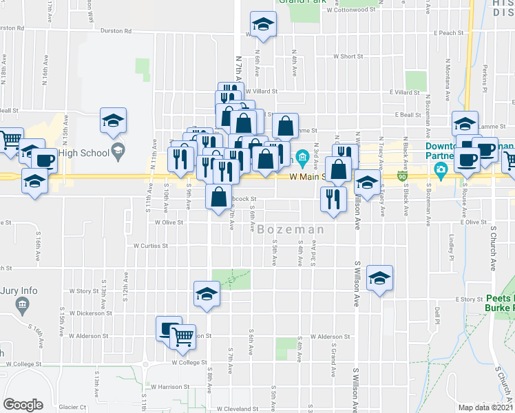 map of restaurants, bars, coffee shops, grocery stores, and more near 522 West Babcock Street in Bozeman