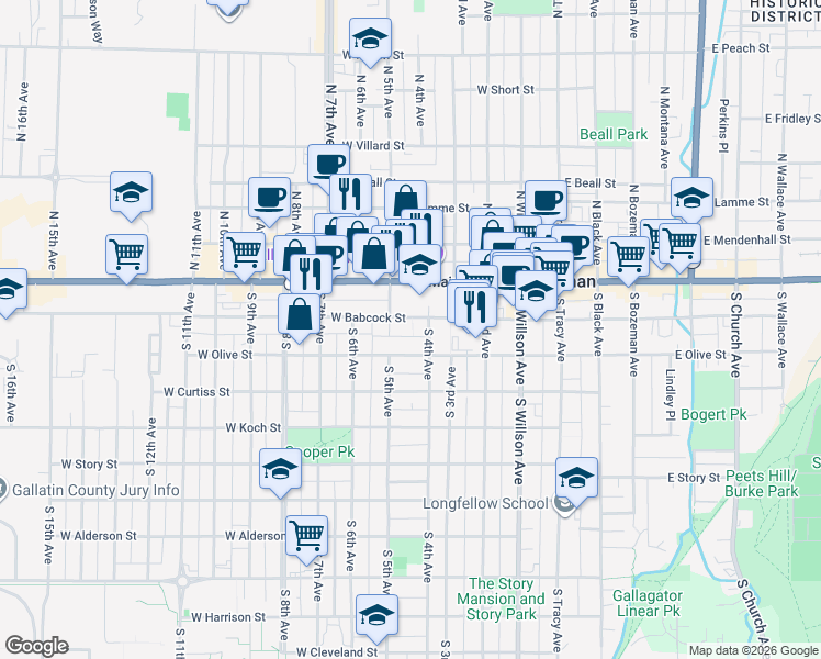 map of restaurants, bars, coffee shops, grocery stores, and more near 414 West Babcock Street in Bozeman