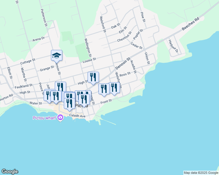map of restaurants, bars, coffee shops, grocery stores, and more near 116 Saint Andrews Street in Pictou