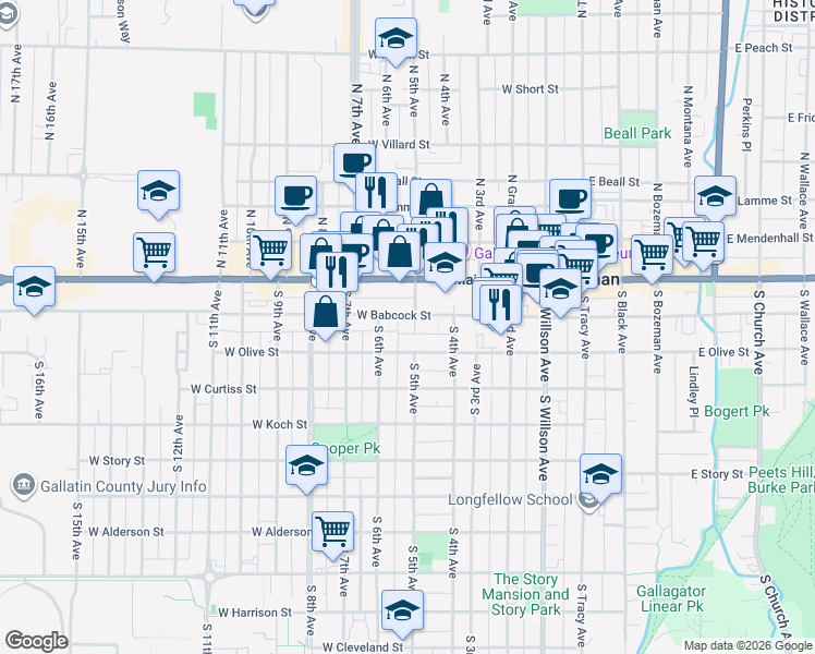map of restaurants, bars, coffee shops, grocery stores, and more near 426 West Babcock Street in Bozeman