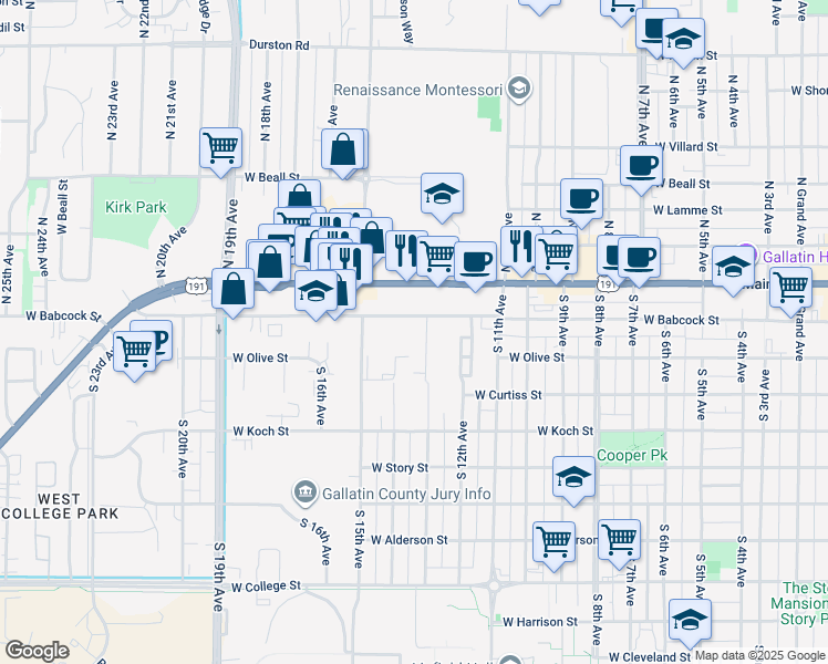 map of restaurants, bars, coffee shops, grocery stores, and more near 1328 West Babcock Street in Bozeman