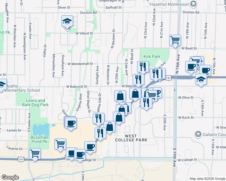 map of restaurants, bars, coffee shops, grocery stores, and more near 2530 West Babcock Street in Bozeman