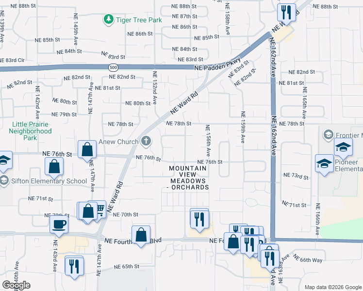 map of restaurants, bars, coffee shops, grocery stores, and more near 7616 Northeast 154th Avenue in Vancouver
