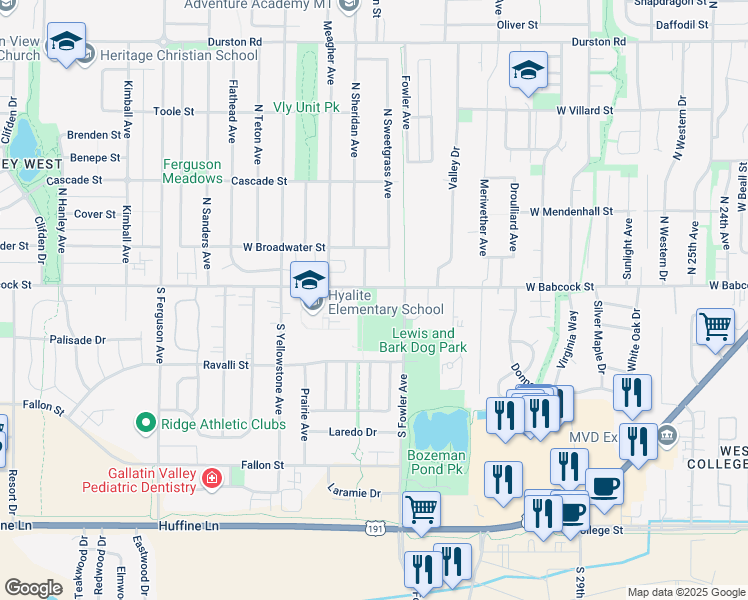 map of restaurants, bars, coffee shops, grocery stores, and more near 3424 West Babcock Street in Bozeman