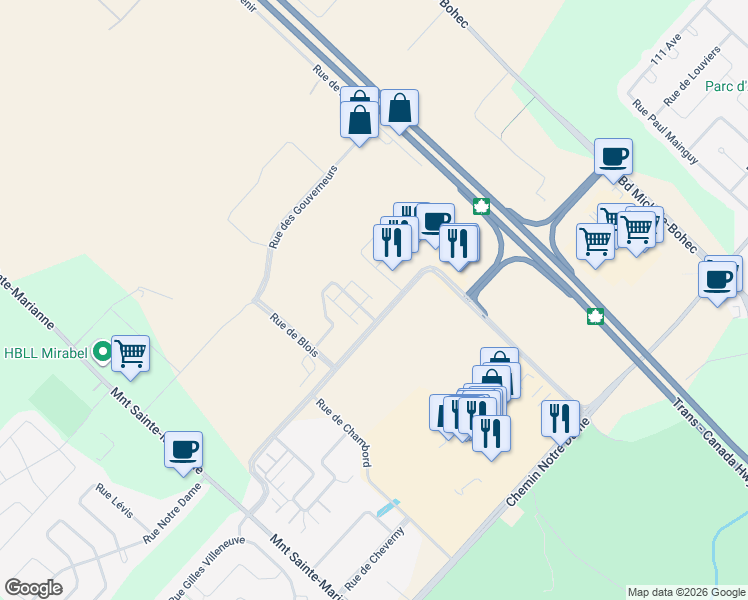 map of restaurants, bars, coffee shops, grocery stores, and more near 11845 Rue d'Amboise in Mirabel