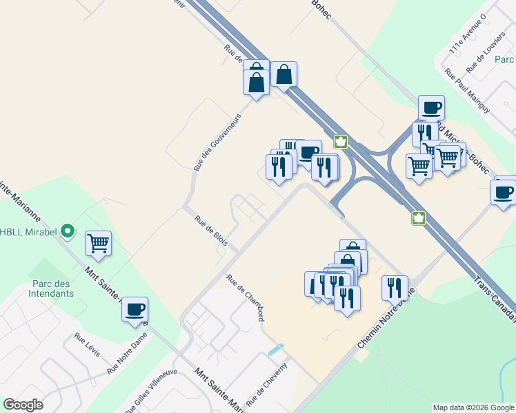map of restaurants, bars, coffee shops, grocery stores, and more near 11825 Rue d'Amboise in Mirabel