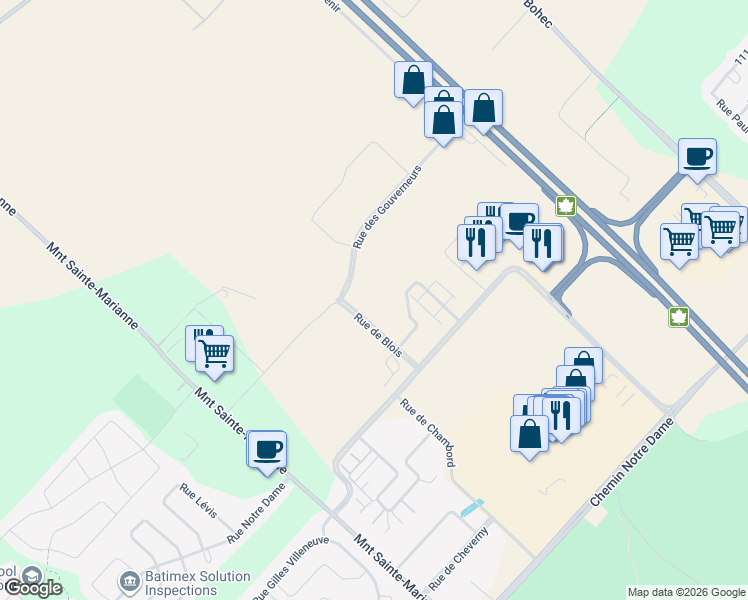 map of restaurants, bars, coffee shops, grocery stores, and more near 12065 Rue de Blois in Mirabel