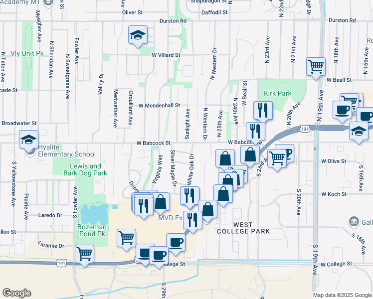 map of restaurants, bars, coffee shops, grocery stores, and more near 2709 Crab Tree Street in Bozeman