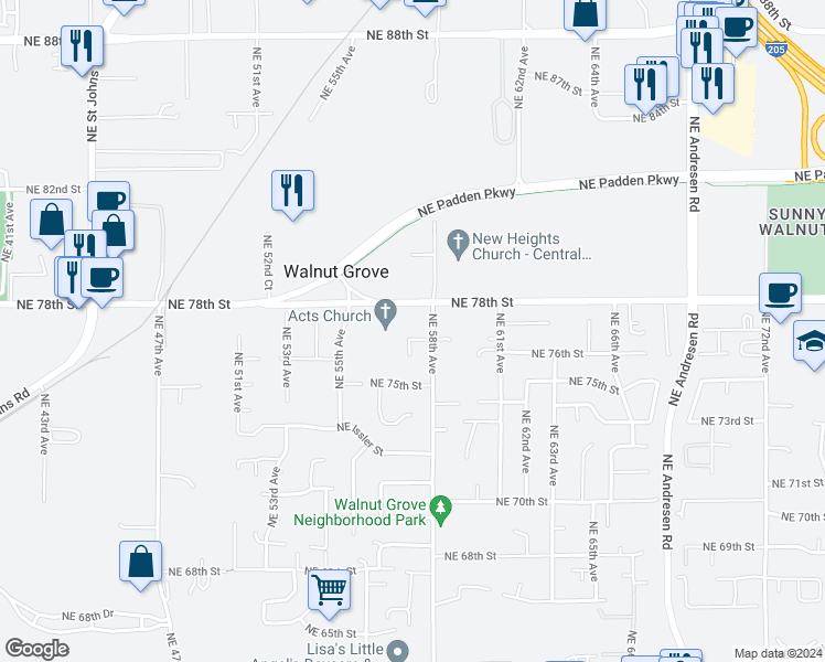 map of restaurants, bars, coffee shops, grocery stores, and more near 5712 Northeast 77th Street in Vancouver