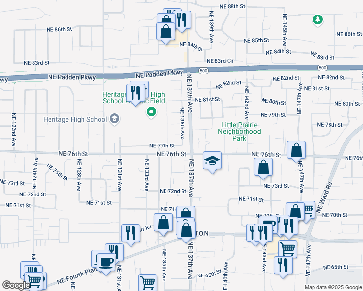 map of restaurants, bars, coffee shops, grocery stores, and more near 7408 Northeast 136th Avenue in Vancouver