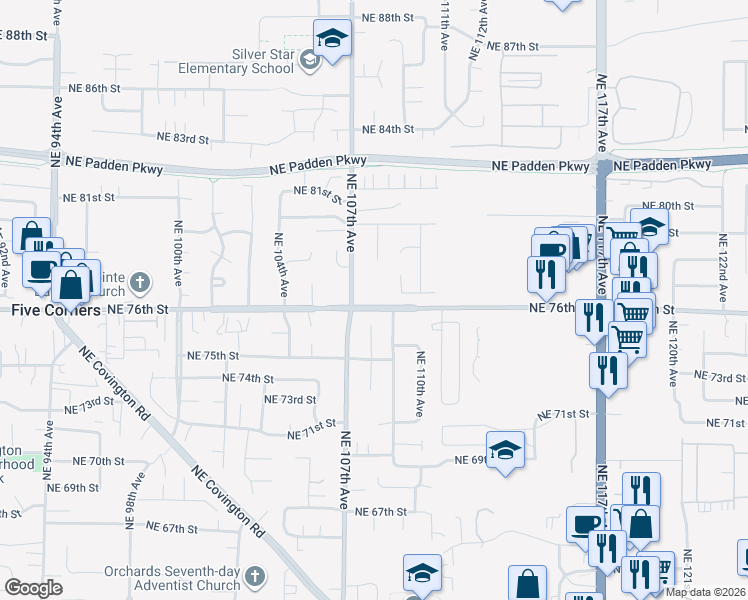 map of restaurants, bars, coffee shops, grocery stores, and more near 10714 Northeast 76th Street in Vancouver