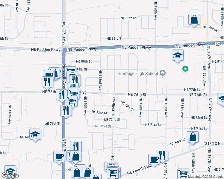 map of restaurants, bars, coffee shops, grocery stores, and more near 7606 Northeast 124th Avenue in Vancouver