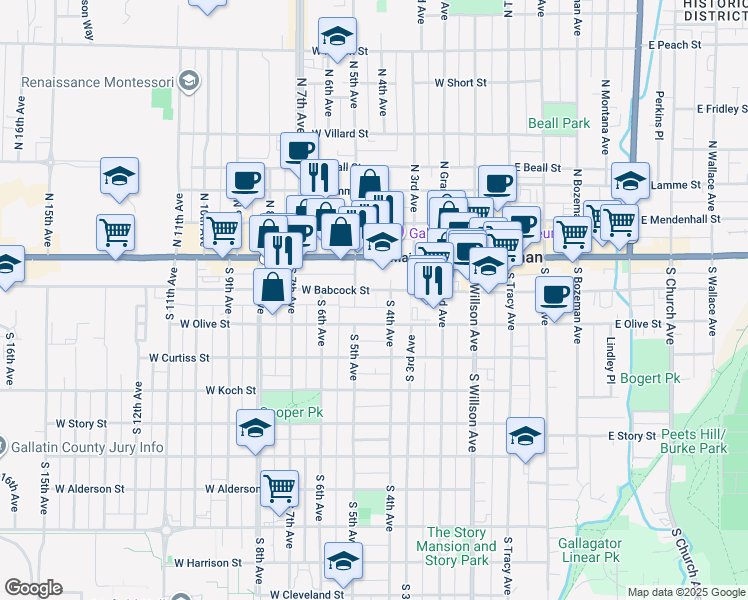 map of restaurants, bars, coffee shops, grocery stores, and more near 414 West Babcock Street in Bozeman