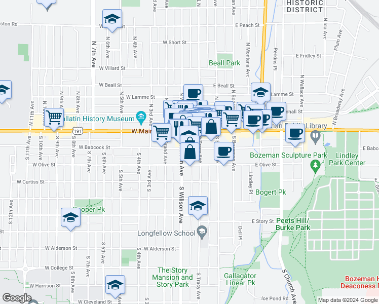 map of restaurants, bars, coffee shops, grocery stores, and more near 26 West Babcock Street in Bozeman