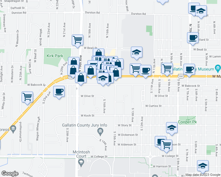 map of restaurants, bars, coffee shops, grocery stores, and more near 1516 West Babcock Street in Bozeman