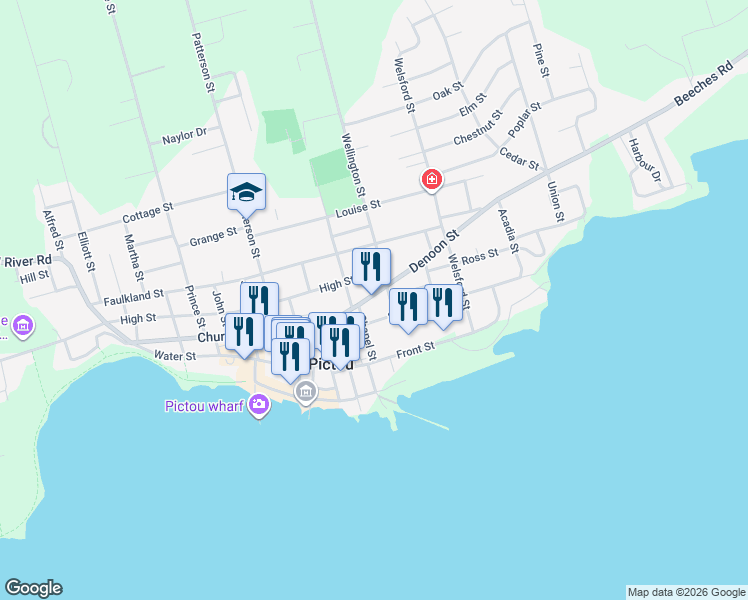 map of restaurants, bars, coffee shops, grocery stores, and more near 67 Denoon Street in Pictou