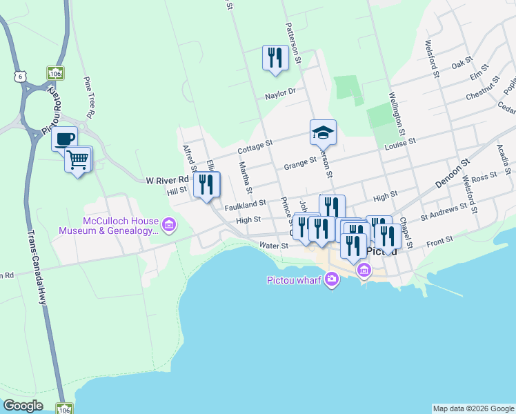 map of restaurants, bars, coffee shops, grocery stores, and more near 301 Faulkland Street in Pictou