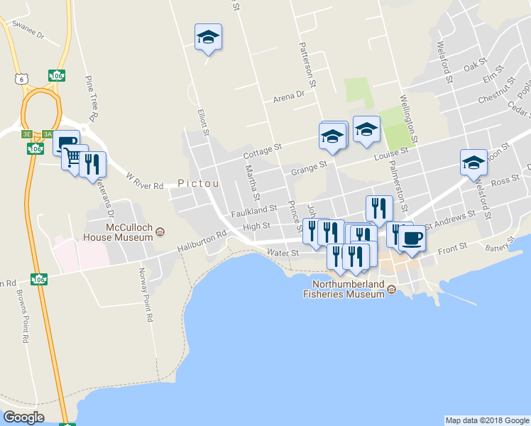 map of restaurants, bars, coffee shops, grocery stores, and more near 301 Faulkland Street in Pictou