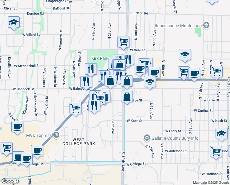 map of restaurants, bars, coffee shops, grocery stores, and more near 104 South 20th Avenue in Bozeman