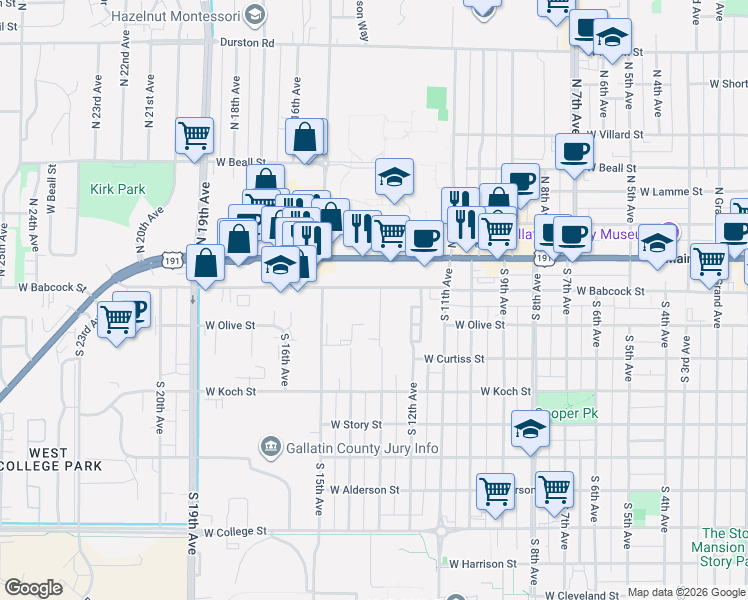 map of restaurants, bars, coffee shops, grocery stores, and more near 1328 West Babcock Street in Bozeman